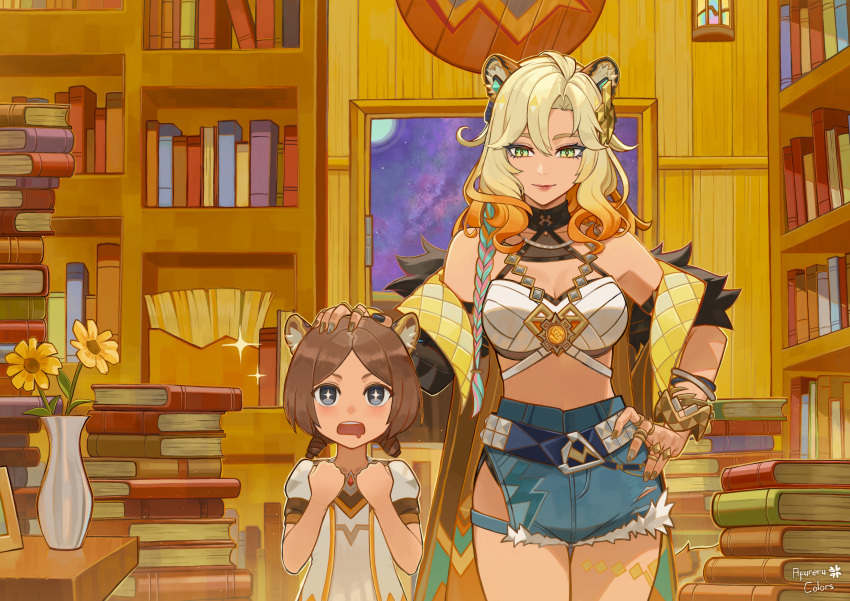 +_+ 2girls absurdres afureru_colors animal_ears artist_name bare_shoulders blonde_hair bookshelf braid breasts brown_hair character_request closed_mouth commentary cowboy_shot dress drooling facing_viewer flower_pot genshin_impact green_eyes hand_on_own_hip headpat high-waist_shorts highres hip_vent indoors long_hair medium_breasts multicolored_hair multicolored_nails multiple_girls nail_polish night night_sky open_mouth red_lips short_hair shorts side_braid sky smile sparkling_eyes vision_(genshin_impact) white_dress window xilonen_(genshin_impact)