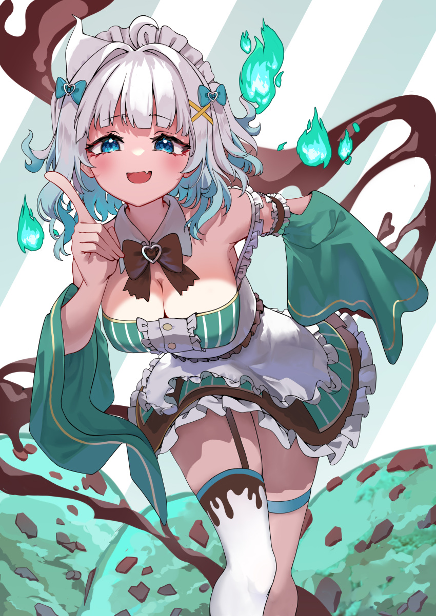 absurdres ahoge apron aqua_bow aqua_hair blue_eyes bow bowtie breasts brown_bow brown_bowtie cleavage contrapposto detached_collar detached_sleeves dress english_commentary female frilled_apron frilled_dress frills garter_straps gradient_hair green_dress grey_hair hair_ornament hairbow highres indie_virtual_youtuber large_breasts leaning_forward maid_headdress medium_hair mint_chocolate mint_fantome mint_fantome_(minto_2.0) multicolored_hair narrowed_eyes open_mouth single_thighhigh smile thigh_strap thighhighs trap_(drthumt) virtual_youtuber waist_apron white_thighhighs will-o'-the-wisp_(mythology) x_hair_ornament