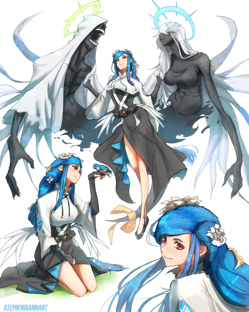 1boy 2girls absurdres artist_name bird bird_on_hand black_skin blue_hair breasts closed_mouth colored_skin commentary dizzy_(guilty_gear) english_commentary flower guilty_gear guilty_gear_strive hair_flower hair_ornament halo highres large_breasts long_hair multiple_girls multiple_views necro_(guilty_gear) on_grass open_mouth queen_dizzy red_eyes seiza sidelocks simple_background sitting slippers smile standing stephengiannart undine_(guilty_gear) white_background white_flower