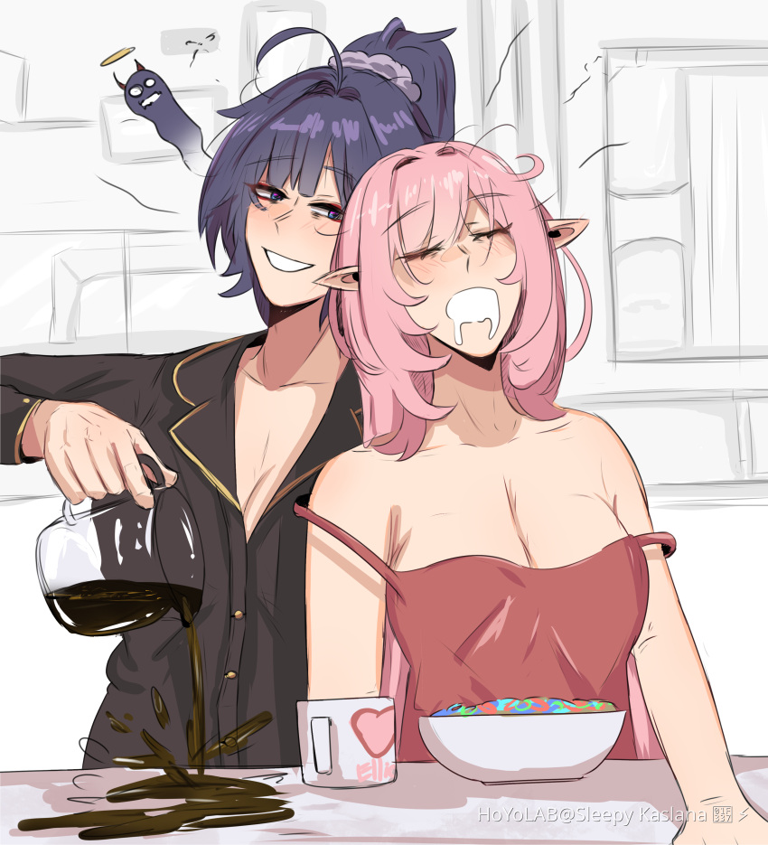 2girls absurdres ahoge bare_shoulders black_shirt breasts camisole cereal cleavage closed_eyes coffee_mug coffee_pot cup drooling elf elysia_(honkai_impact) english_commentary high_ponytail highres honkai_(series) honkai_impact_3rd hoyolab_username large_breasts long_hair mug multiple_girls open_mouth pink_hair plate pointy_ears raiden_mei red_camisole shirt sleeping sleepy_kaslana spilling table