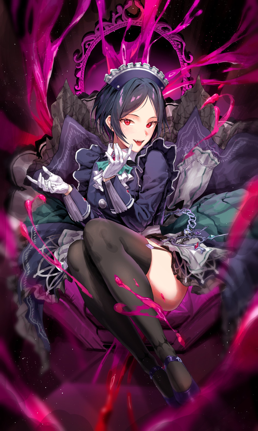 absurdres ascot black_hair black_thighhighs blurry blurry_foreground brooch female garter_straps gloves hayami_kanade high_heels highres idolmaster idolmaster_cinderella_girls jewelry long_sleeves looking_at_viewer maid_headdress mirror oerba_yun_fang open_mouth petticoat purple_footwear red_eyes sake_(vzty5527) short_hair sitting smile solo strappy_heels thighhighs white_gloves