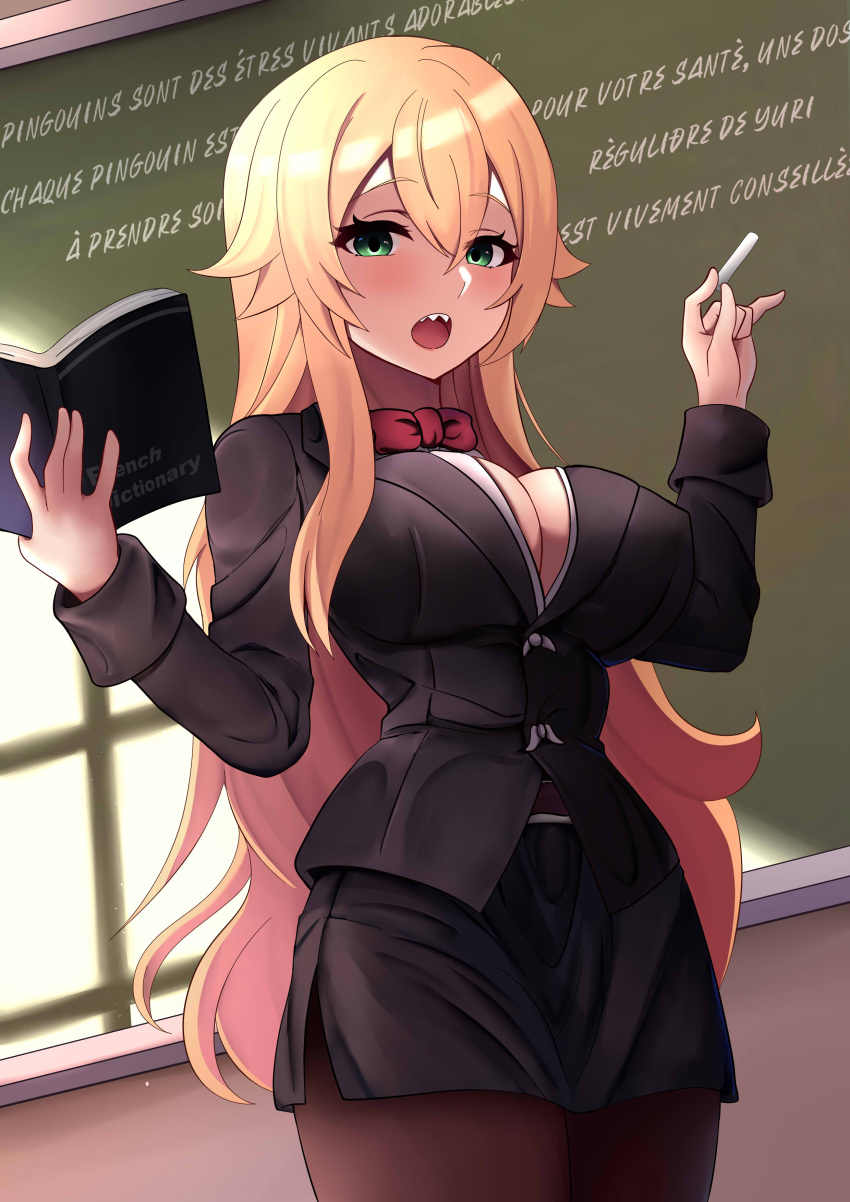 absurdres black_jacket black_skirt blonde_hair book bow bowtie breasts chalk chalkboard cleavage female frederica_baumann green_eyes highres holding holding_book holding_chalk jacket large_breasts long_hair long_sleeves open_book open_mouth pantyhose re:zero_kara_hajimeru_isekai_seikatsu red_bow red_bowtie relpama sharp_teeth shirt skirt solo teacher teeth upper_teeth_only white_shirt