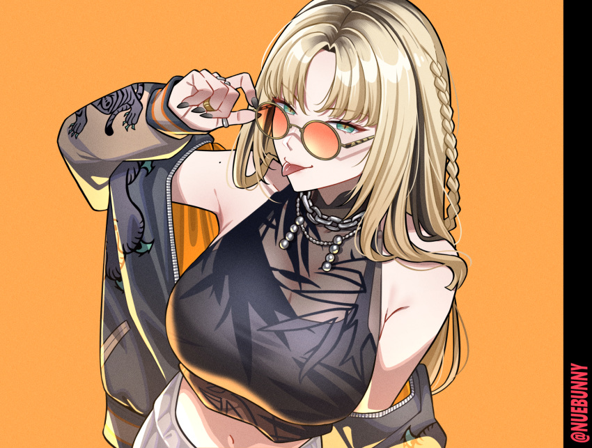 :p adjusting_eyewear animal_print black_hair black_jacket black_nails black_shirt blonde_hair braid breasts chain_necklace chains closed_mouth commentary crop_top female fingernails green_eyes hand_on_eyewear highres hololive hololive_dev_is jacket jewelry koganei_niko large_breasts long_fingernails long_sleeves looking_at_viewer looking_over_eyewear mole mole_on_arm multicolored_hair multiple_rings nail_polish navel necklace nuebunny off_shoulder open_clothes open_jacket orange-tinted_eyewear orange_background print_jacket puffy_long_sleeves puffy_sleeves ring roots_(hair) round_eyewear shirt simple_background single_braid sleeveless sleeveless_shirt slit_pupils smile solo streaked_hair tiger_print tinted_eyewear tongue tongue_out twitter_username two-tone_hair upper_body virtual_youtuber yellow-framed_eyewear