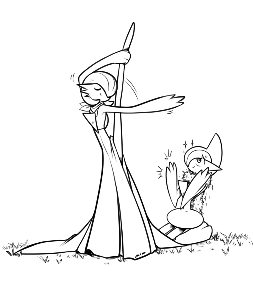 clapping closed_eyes dress gallade gardevoir highres line_art pokemon pokemon_(creature) scarf signature smile sparkle split standing standing_on_one_leg standing_split superiordutchsauce