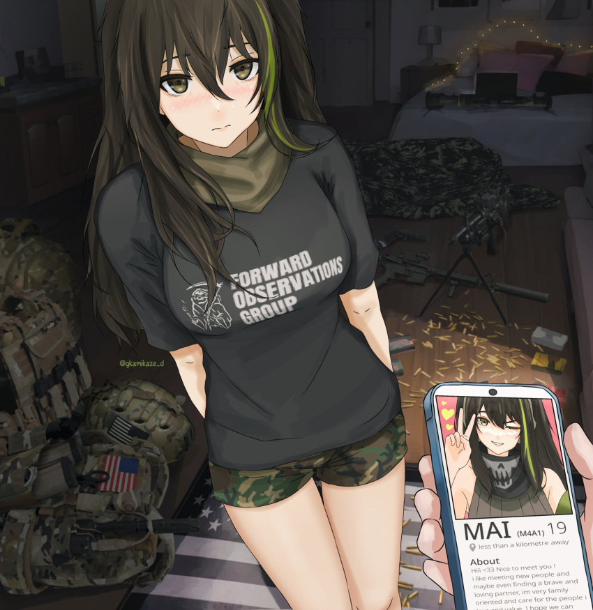 american_flag black_shirt blush brown_eyes brown_hair camouflage camouflage_shorts cellphone commentary dgkamikaze dutch_angle english_commentary female girls'_frontline green_hair gun hair_between_eyes highres holding holding_phone indoors long_hair looking_at_viewer m4a1_(girls'_frontline) multicolored_hair phone pov rifle shirt short_shorts short_sleeves shorts smartphone solo_focus streaked_hair two-tone_hair weapon