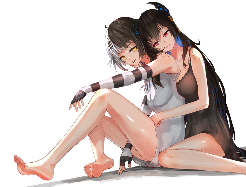 2girls absurdres advarcher alternate_costume barefoot black_gloves black_hair black_nightgown blue_hair breasts colored_inner_hair demon_horns elbow_gloves fingerless_gloves gloves highres hololive hololive_english horns large_breasts long_hair looking_at_viewer medium_hair multicolored_hair multiple_girls nerissa_ravencroft nightgown red_eyes shiori_novella shirt split-color_hair striped_clothes striped_gloves very_long_hair virtual_youtuber white_gloves white_hair white_shirt yellow_eyes