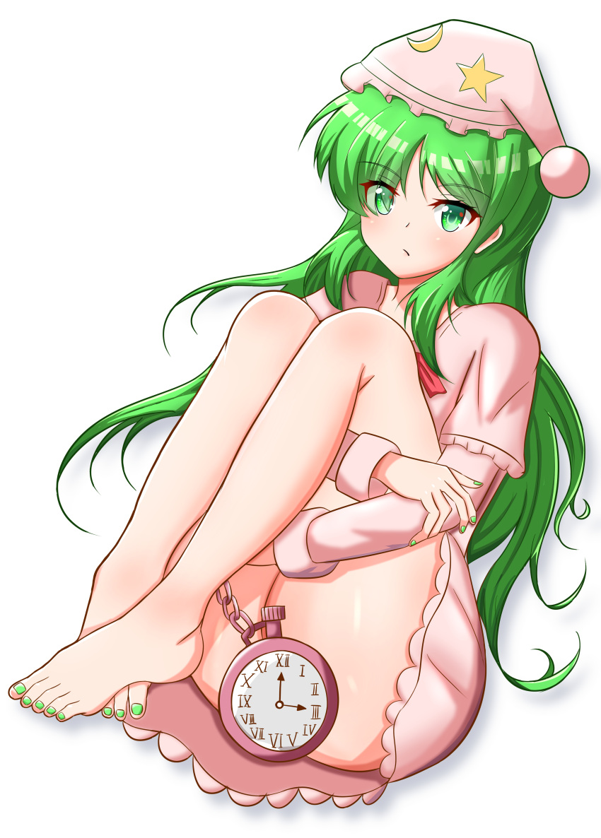 absurdres barefoot capelet chains chestnut95 clock convenient_censoring crescent crescent_pin dress female frilled_capelet frilled_dress frilled_hat frills full_body gensokyo green_eyes green_hair green_nails hair_over_one_eye hat highres hugging_own_legs kazami_yuuka kazami_yuuka_(pc-98) legs nail_polish neck_ribbon nightcap nightgown pajamas pink_capelet pink_dress pink_nightgown pink_pajamas pocket_watch pom_pom_(clothes) red_ribbon ribbon roman_numeral simple_background star_(symbol) star_print toenail_polish toenails toes touhou touhou_(pc-98) watch white_background