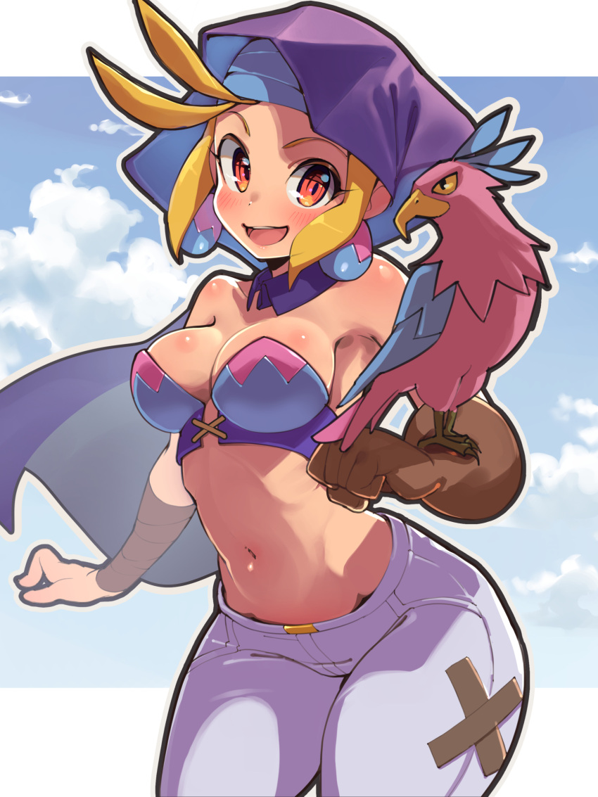 antenna_hair bare_shoulders bikini bikini_top_only bird blonde_hair breasts capelet cloud crop_top earrings egg_earrings english_commentary female gloves highres jewelry leather leather_gloves looking_at_viewer momochi_momotan navel pants purple_hood shantae_(series) single_glove sky sky_(shantae) smile strapless swimsuit wide_hips wrench_(shantae)