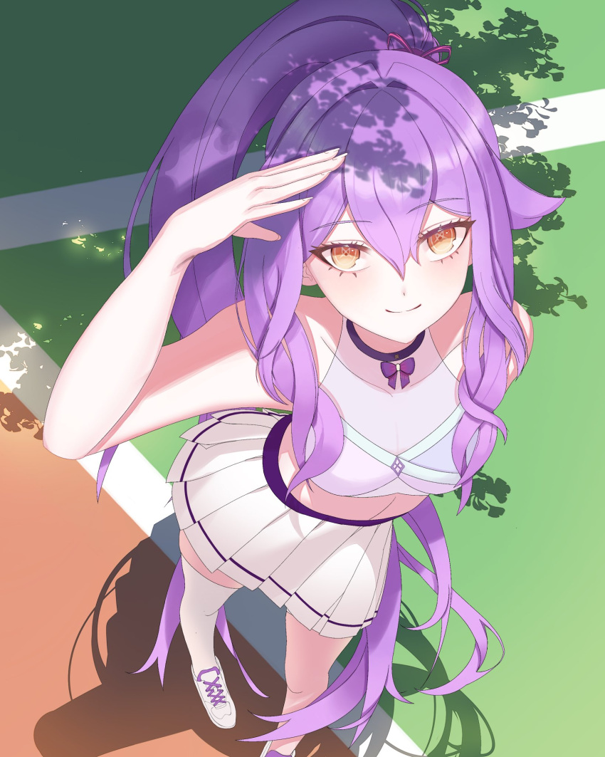 alternate_costume breasts cleavage closed_mouth commentary female foot_out_of_frame from_above grass hair_between_eyes halter_shirt halterneck high_ponytail highres honkai_(series) honkai_impact_3rd long_hair looking_at_viewer pleated_skirt ponytail purple_hair running_track see-through_cleavage see-through_clothes shadow sidelocks sirin skirt smile solo symbol-shaped_pupils thighhighs tree_shade very_long_hair white_footwear white_skirt white_thighhighs x-shaped_pupils yellow_eyes you_x0o_47