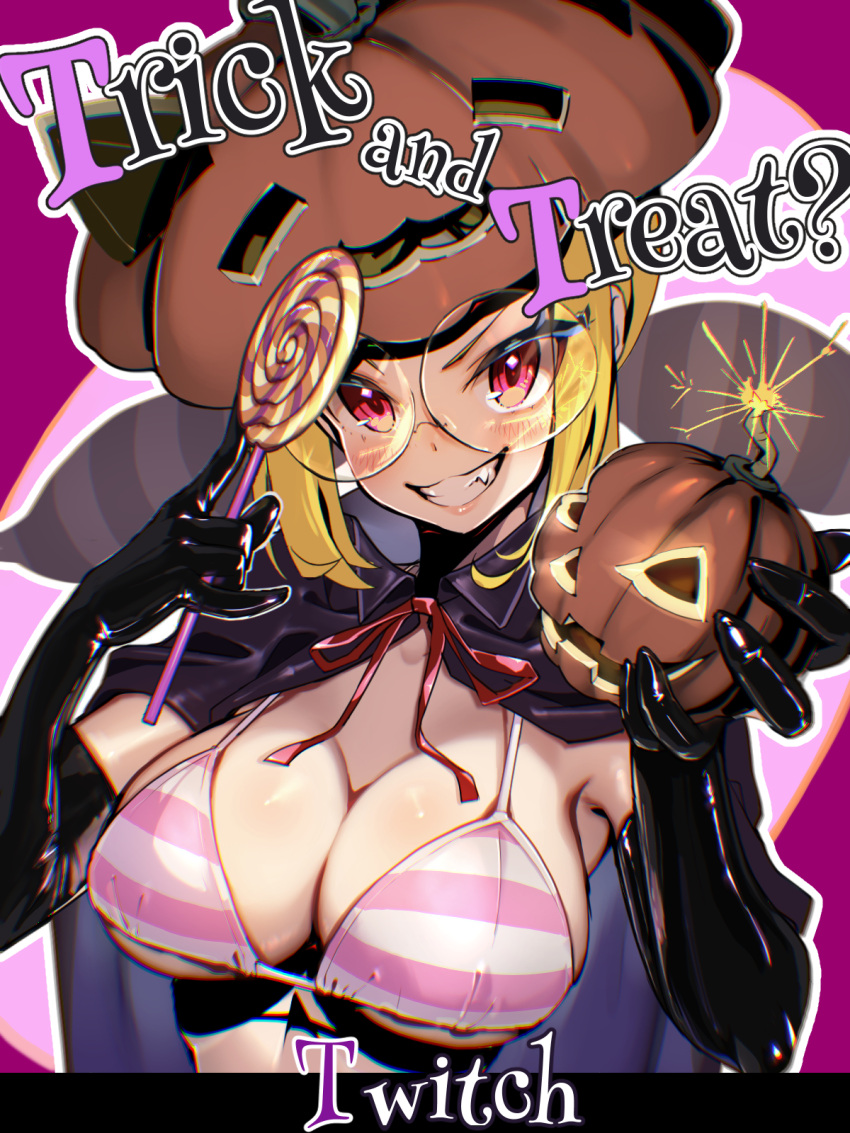 bikini black_cape black_gloves blonde_hair bomb breasts candy cape character_name cleavage elbow_gloves english_commentary english_text explosive female food glasses gloves halloween highres holding holding_bomb holding_candy holding_food holding_lollipop jack-o'-lantern_hat large_breasts latex latex_gloves lit_fuse lollipop looking_at_viewer momochi_momotan neck_ribbon red_eyes red_ribbon ribbon round_eyewear shantae_(series) smile solo striped_bikini striped_clothes swimsuit teeth trick_or_treat twintails twitch_(shantae) upper_body