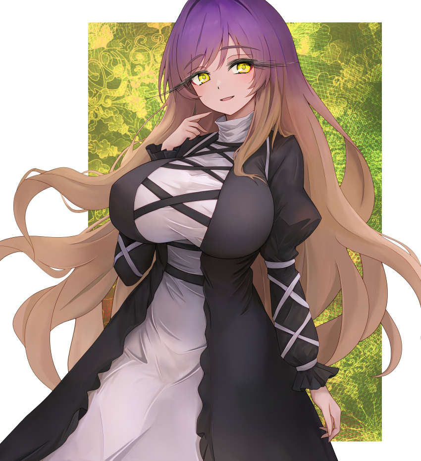 absurdres breasts brown_hair dress female gradient_hair highres hijiri_byakuren large_breasts layered_dress long_hair multicolored_hair purple_hair smile solo sugar_you touhou wavy_hair yellow_eyes