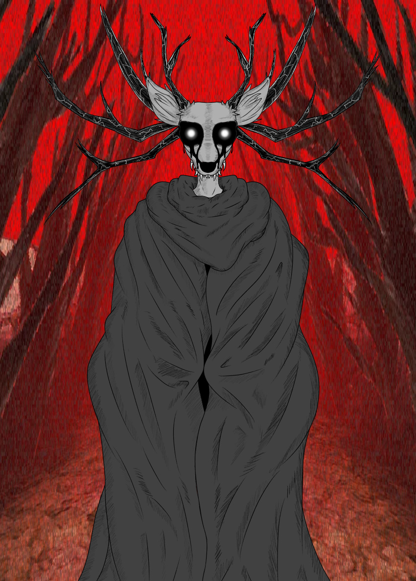 2024 absurd_res ambiguous_gender american_mythology anthro antlers axelkirby clothed clothing deer detailed_background digital_media_(artwork) fur hi_res horn indigenous_north_american_mythology looking_at_viewer mammal monster mythology north_american_mythology solo specimen_8 spooky's_jump_scare_mansion tunica wendigo