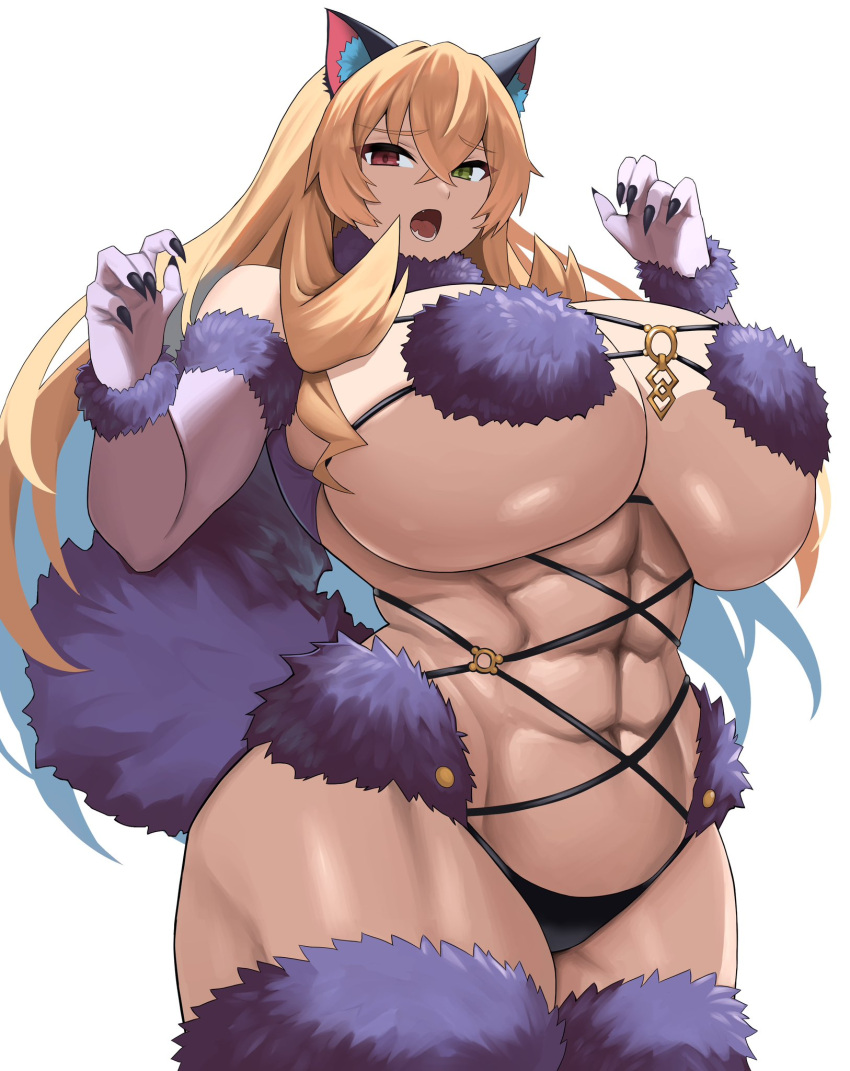 abs animal_ears bare_shoulders barghest_(fate) black_panties blonde_hair blush bow breasts cleavage elbow_gloves fate/grand_order fate_(series) female fur-trimmed_gloves fur-trimmed_legwear fur_collar fur_trim gloves green_eyes heterochromia highres huge_breasts imuzi long_hair looking_at_viewer mash_kyrielight mash_kyrielight_(dangerous_beast) muscular muscular_female navel o-ring open_mouth panties purple_gloves purple_thighhighs red_eyes revealing_clothes solo tail thick_thighs thighhighs thighs underwear wide_hips wolf_ears wolf_tail