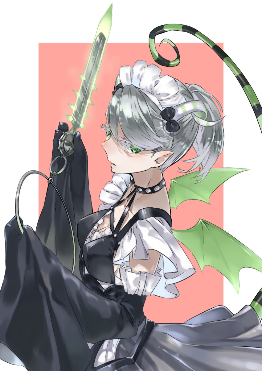 arianna_the_labrynth_servant black_bow black_sleeves bow breasts cleavage commentary_request demon_girl demon_horns detached_sleeves doyumin duel_monster expressionless female from_side green_eyes green_wings grey_hair hands_up highres holding holding_key horns key keyring looking_at_viewer maid maid_headdress parted_lips pointy_ears short_hair simple_background sleeves_past_fingers sleeves_past_wrists small_breasts solo striped_tail tail upper_body wings yu-gi-oh!