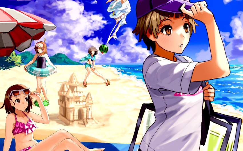 5girls bag barefoot beach beach_volleyball bikini blush brown_eyes brown_hair cloud day food frills fruit hat highres lifebuoy monogatari_(series) multiple_girls nari_(nari149528) outdoors panties sand_castle sand_sculpture sandals school_swimsuit sengoku sengoku_nadeko short_hair sky smile snorkel swim_ring swimsuit underwear watermelon white_hat