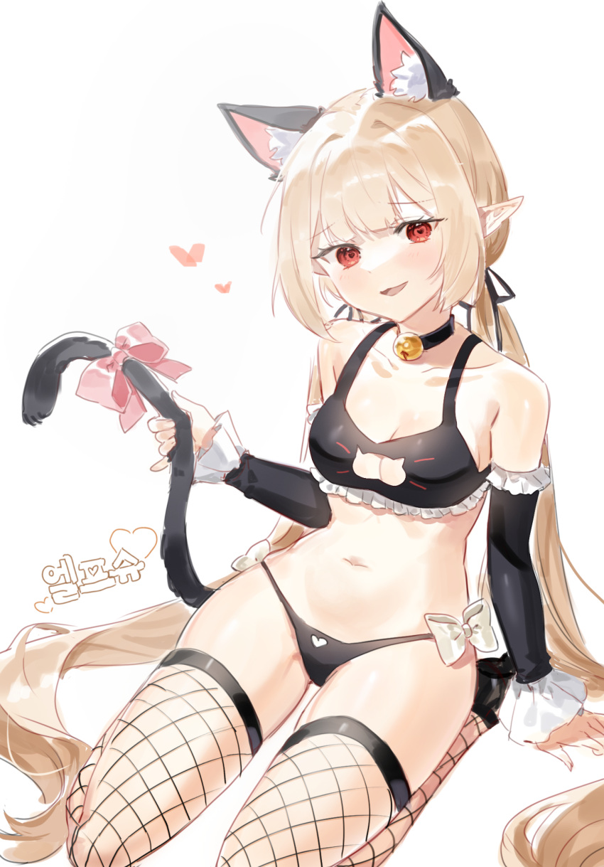 :d animal_ears black_bra black_panties blonde_hair bow bra breasts cat_ears cat_tail cleavage commentary_request female fishnet_thighhighs fishnets frilled_bra frills heart heart_panties heart_print highres holding_own_tail korean_commentary long_hair low_twintails medium_breasts open_mouth original panties pink_bow pointy_ears print_panties red_eyes seiza simple_background sitting smile solo tail tail_bow tail_ornament thighhighs tongue twintails underwear white_background yeoleum