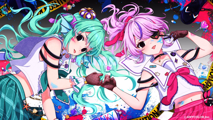 2girls aqua_hair blush candy caution_tape cellphone copyright_notice empty_eyes finana_ryugu fins fishnet_gloves fishnets food gloves head_fins highres lollipop long_hair looking_at_another lying maria_marionette midriff mugimugigo multicolored_hair multiple_girls navel nijisanji nijisanji_en official_art on_back on_side phone pill pink_hair pinky_swear plaid_clothes plaid_skirt pleated_skirt ponytail ryuguard_(finana_ryugu) sample_watermark school_uniform serafuku skirt smartphone smile streaked_hair tongue tongue_out twintails unworn_shoe very_long_hair virtual_youtuber watermark