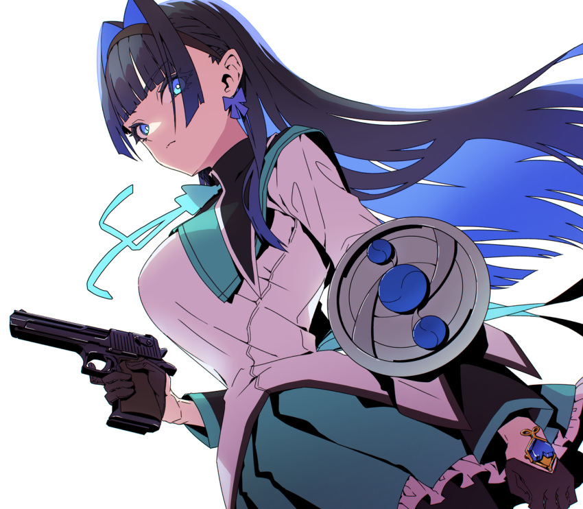 akemi_homura akemi_homura_(cosplay) blue_eyes breasts commentary cosplay desert_eagle gun handgun highres holding holding_gun holding_weapon hololive hololive_english long_hair looking_at_viewer looking_to_the_side mahou_shoujo_madoka_magica ouro_kronii shield soul_gem symbol-only_commentary taka_t virtual_youtuber weapon