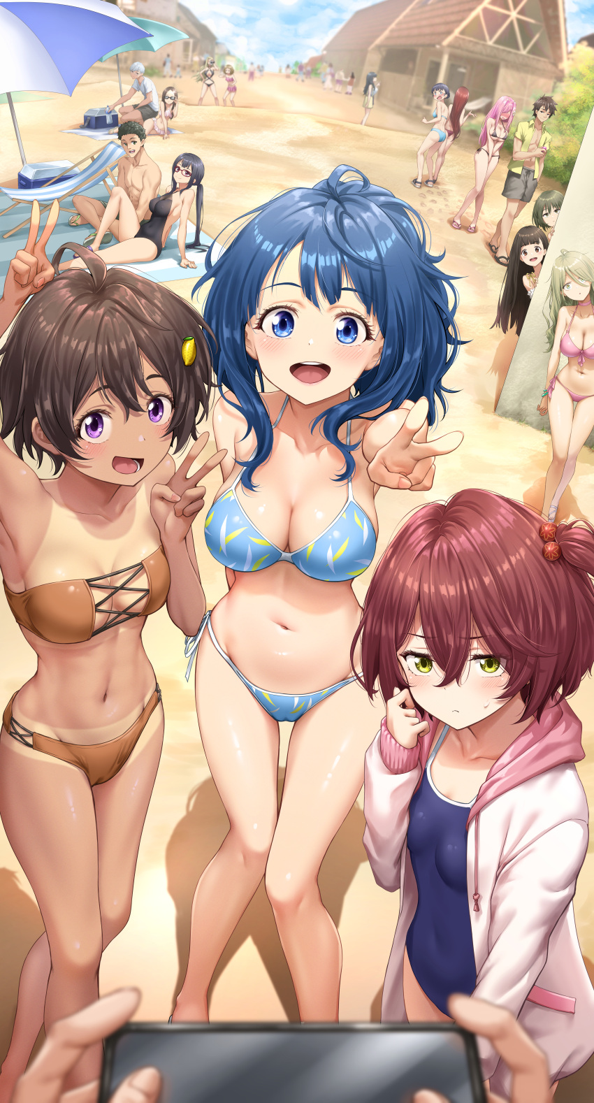 3boys 6+girls :d absurdres amanatsu_konami asagumo_chihaya ayano_mitsuki basori_tiara bikini black_hair black_one-piece_swimsuit blue_bikini blue_eyes blue_hair blue_one-piece_swimsuit blue_sky breasts brown_hair cellphone cloud collarbone commentary_request day double_v everyone glasses gondou_asami hair_between_eyes hair_bobbles hair_ornament hakamada_sousuke highres himemiya_karen holding holding_phone houkobaru_hibari jacket komari_chika konuki_sayo large_breasts long_hair looking_at_viewer make_heroine_ga_oo_sugiru! medium_breasts medium_hair multiple_boys multiple_girls nukumizu_kaju one-piece_swimsuit open_clothes open_jacket open_mouth orange_bikini outdoors parasol phone pink_bikini pov purple_eyes red_hair royboy sand school_swimsuit shikiya_yumeko short_hair sitting sky small_breasts smile standing summer swimsuit tamaki_shintarou tan tanlines thighhighs tsukinoki_koto umbrella v white_jacket yakishio_lemon yanami_anna yellow_eyes