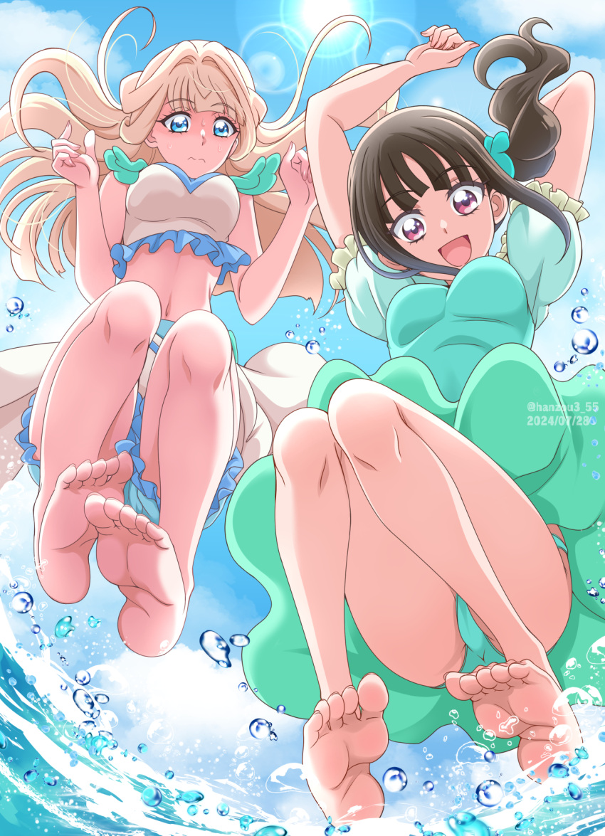 2girls aqua_bikini aqua_dress aqua_scrunchie arms_up barefoot bikini bikini_shorts bikini_under_clothes black_hair blonde_hair blue_bikini blue_eyes blue_sky closed_mouth cloud cloudy_sky commentary dated day dress feet foreshortening frown hair_ornament hair_scrunchie half_updo hanzou highres lens_flare midriff miniskirt multiple_girls navel nekoyashiki_mayu nekoyashiki_yuki nervous_sweating open_mouth outdoors precure puffy_short_sleeves puffy_sleeves purple_eyes scrunchie shirt short_dress short_sleeves shorts side_ponytail skirt sky sleeveless sleeveless_dress smile splashing sweat swimsuit twitter_username w_arms water water_drop white_shirt white_skirt wonderful_precure!