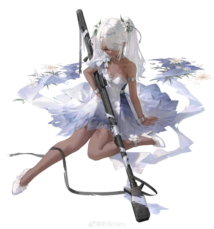 absurdres ankle_flower anti-materiel_rifle armlet bare_shoulders blue_stripes bolt_action bracelet breasts closed_eyes closed_mouth dark-skinned_female dark_skin dress eyepatch female fingernails flower flower_request frown full_body girls'_frontline grey_nails gun hair_between_eyes hair_flower hair_intakes hair_ornament high_heels highres holding holding_gun holding_weapon hs.50_(girls'_frontline) hs.50_(intoxicating_crystal)_(girls'_frontline) jewelry long_hair necklace official_alternate_costume official_art on_floor outstretched_leg rifle sawamaharu scope silver_armlet silver_bracelet silver_choker simple_background single_bare_leg single_vertical_stripe sitting small_breasts snake_hair_ornament sniper_rifle solo steyr_hs_.50 strapless strapless_dress striped_clothes striped_dress third-party_source torn_clothes torn_dress twintails weapon weibo_logo weibo_watermark white_background white_dress white_flower white_footwear white_hair wilted_flower