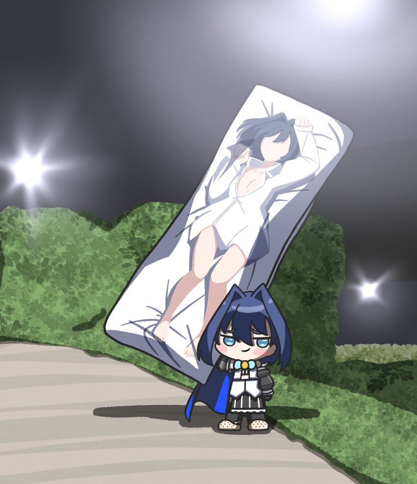 absurdres black_skirt black_sleeves blue_cape blue_eyes blue_hair bush cape crocs dakimakura_(object) female guts_cosplayer_holding_giant_dragonslayer_(meme) highres hololive hololive_english kkeulna meme night ouro_kronii outdoors pillow shirt skirt solo virtual_youtuber white_shirt