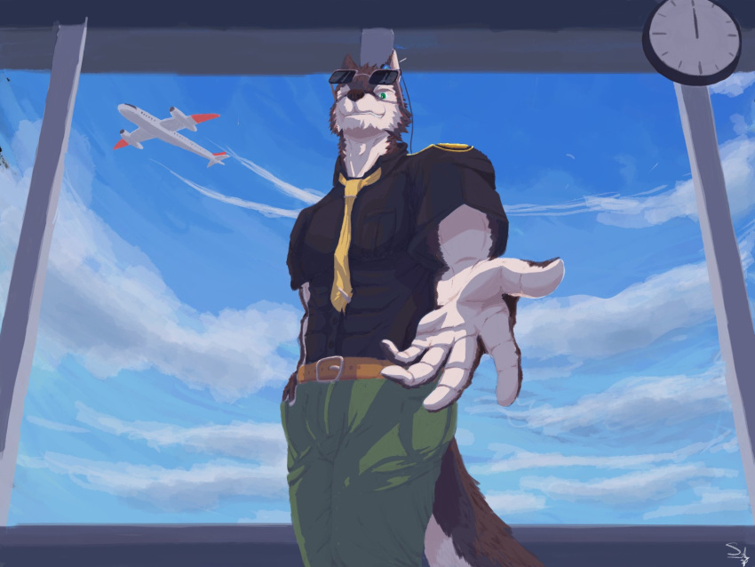 aircraft airplane airport anthro aro_rouon belt black_clothing black_shirt black_topwear bottomwear brown_body canid canine canis clothing countershading eyewear green_bottomwear green_clothing green_pants hi_res looking_at_viewer low-angle_view male mammal muscular necktie pants reaching_towards_viewer shirt sidracus solo sunglasses tail topwear vehicle white_body wolf