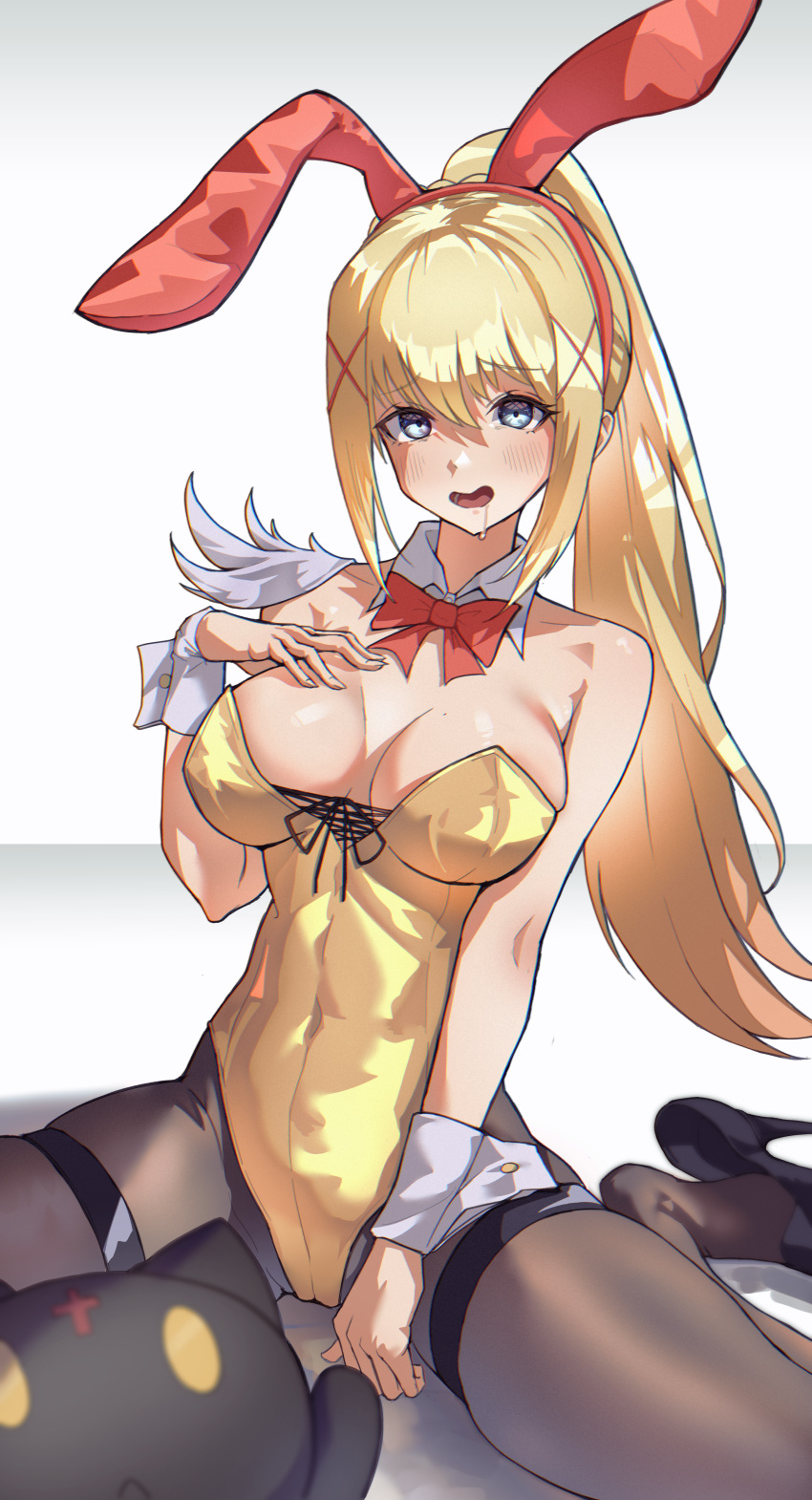 absurdres animal_ears black_cat black_footwear black_pantyhose blonde_hair blue_eyes bow bowtie breasts chomusuke darkness_(konosuba) detached_collar feline female gold_leotard gradient_background hair_ornament high_heels highres kono_subarashii_sekai_ni_shukufuku_wo! kumaq large_breasts leotard long_hair pantyhose playboy_bunny ponytail rabbit_ears red_bow red_bowtie sitting solo strapless strapless_leotard wariza white_background wrist_cuffs x_hair_ornament