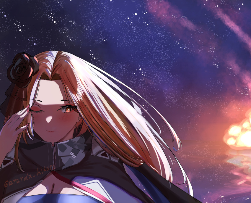 ananda_hikari artist_name azur_lane black_flower black_rose blonde_hair blue_cloak breasts bunker_hill_(azur_lane) cleavage cloak explosion female flower hair_flower hair_ornament high_collar highres large_breasts long_hair night orange_eyes outdoors rose sky solo star_(sky) starry_sky