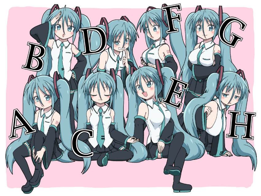 6+girls aqua_eyes aqua_hair aqua_necktie black_footwear boots breasts closed_eyes commentary_request crossed_legs detached_sleeves flat_chest hair_between_eyes half-closed_eye hand_on_own_hip hatsune_miku indian_style invisible_chair large_breasts meditation medium_breasts mikazuki_neko miniskirt multiple_girls multiple_persona naughty_face necktie number_tattoo open_mouth pleated_skirt shirt shoulder_tattoo sideboob sitting skirt sleeveless sleeveless_shirt small_breasts smile tattoo thigh_boots vocaloid