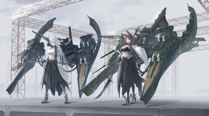 2girls animal_ears azur_lane black_skirt breasts chest_sarashi cleavage collarbone commentary_request fox_ears full_body highres holding holding_polearm holding_weapon hyuuga_(azur_lane) hyuuga_(retrofit)_(azur_lane) ise_(azur_lane) ise_(retrofit)_(azur_lane) large_breasts looking_at_viewer midriff multiple_girls naginata navel orange_eyes polearm red_hair rigging ryosuke1225 sarashi siblings sisters skirt vambraces weapon white_hair