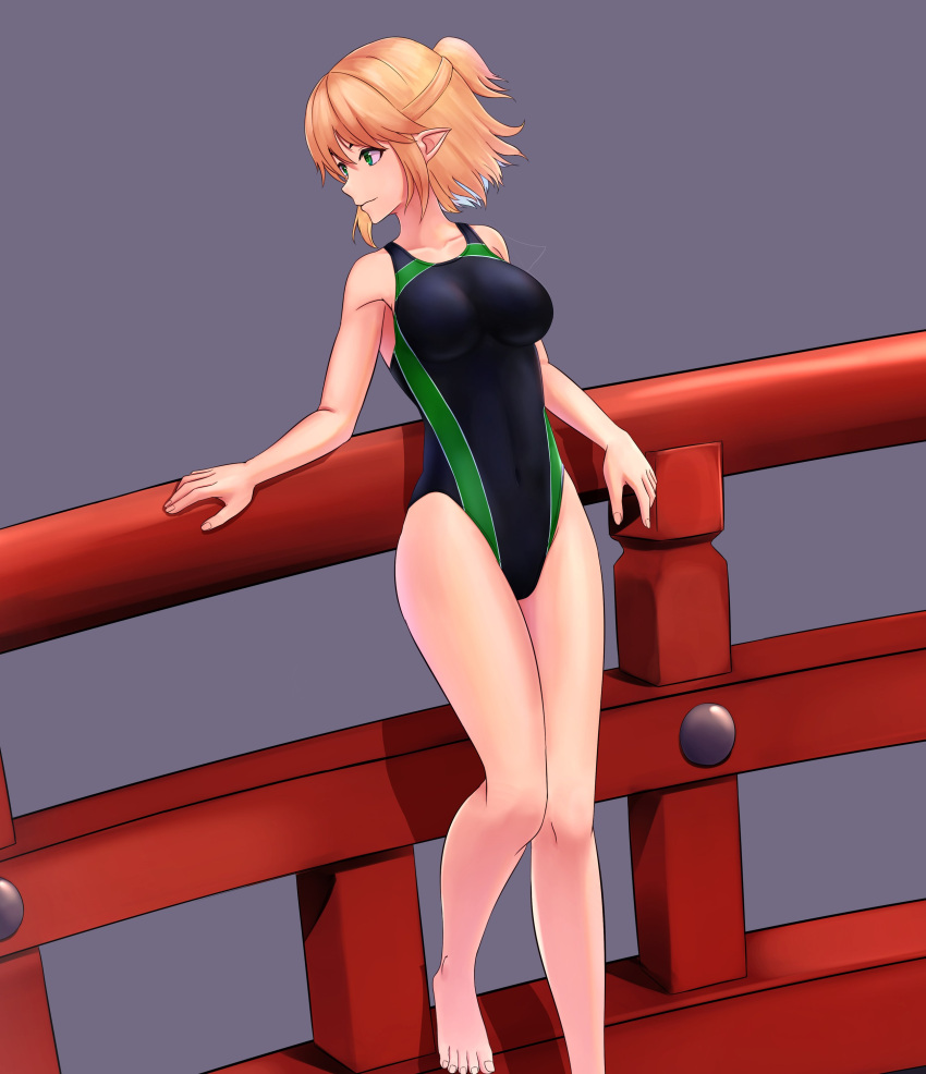 absurdres barefoot bikini black_one-piece_swimsuit blonde_hair breasts cleavage competition_swimsuit covered_navel feet_out_of_frame female green_eyes grey_background half_updo highres leaning_back looking_to_the_side medium_breasts mikotouca mizuhashi_parsee one-piece_swimsuit pointy_ears short_hair solo swimsuit touhou two-tone_swimsuit