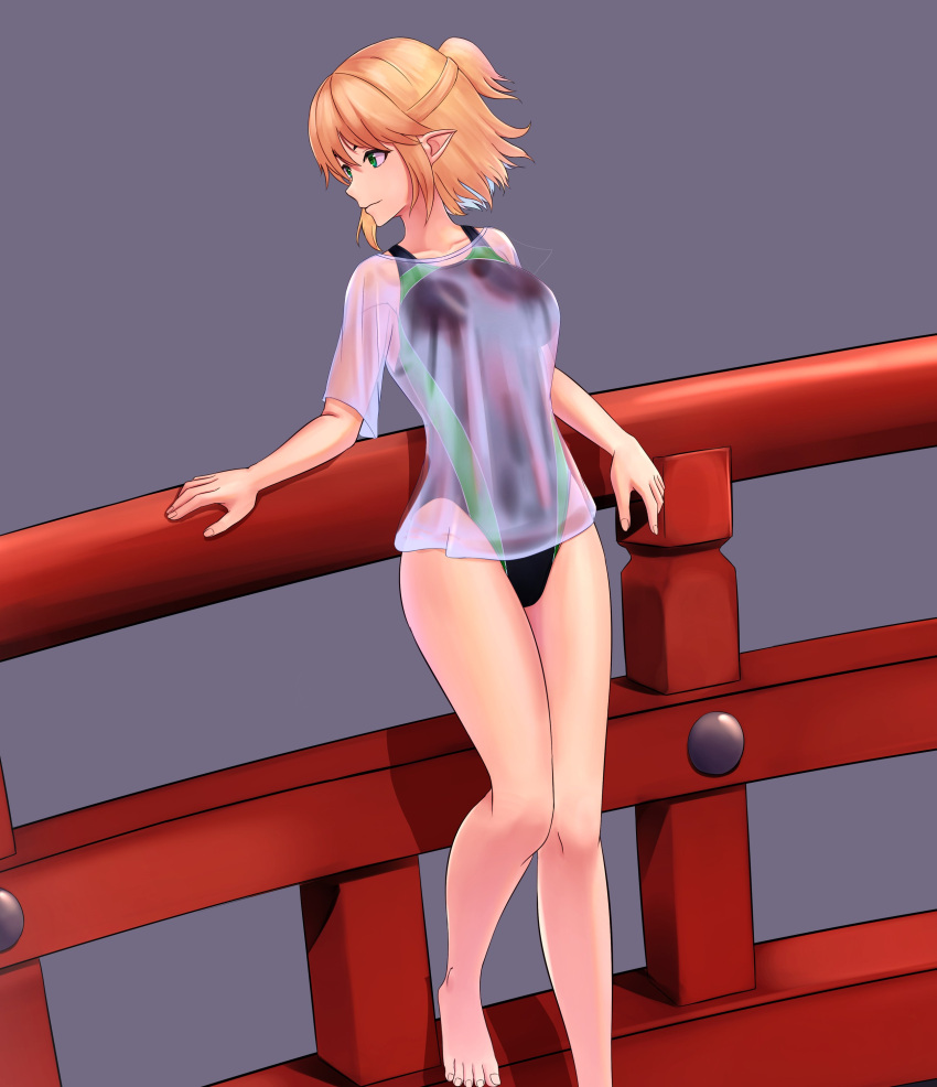 absurdres barefoot bikini black_one-piece_swimsuit blonde_hair breasts cleavage competition_swimsuit feet_out_of_frame female green_eyes grey_background half_updo highres leaning_back looking_to_the_side medium_breasts mikotouca mizuhashi_parsee one-piece_swimsuit pointy_ears see-through_clothes see-through_shirt shirt short_hair solo swimsuit touhou two-tone_swimsuit white_shirt