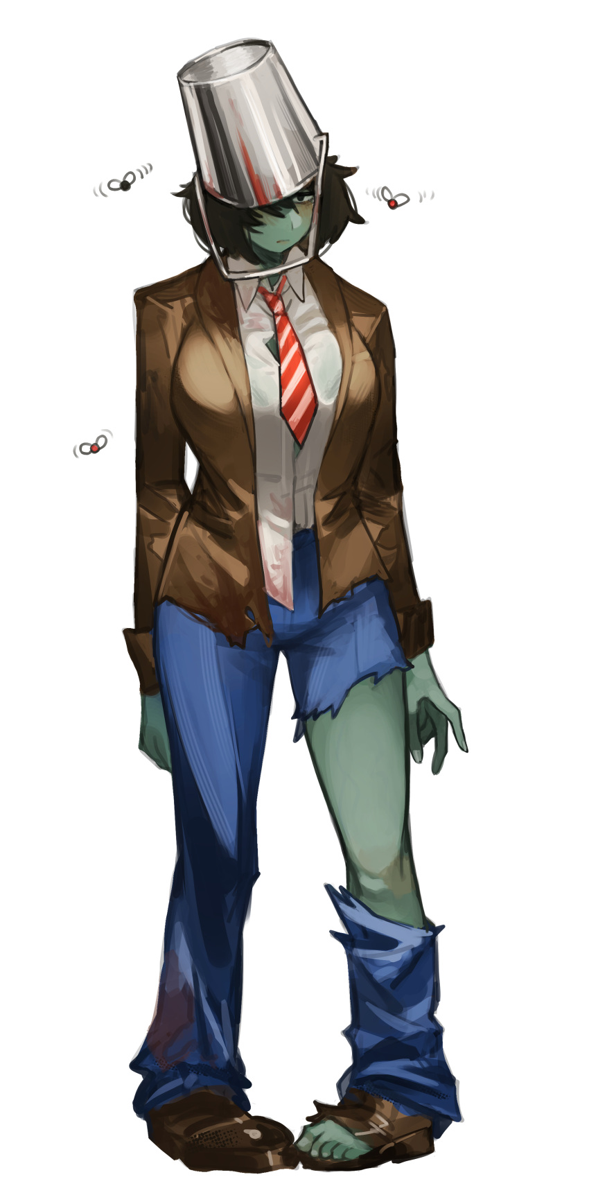 absurdres black_hair blue_pants breasts brown_suit bucket bucket_on_head bug collared_shirt colored_skin commentary english_commentary female fly full_body green_skin hair_over_one_eye highres large_breasts medium_hair miao_jiangyou necktie object_on_head original pants red_necktie shirt simple_background solo standing suit toes torn_clothes torn_pants white_background white_shirt zombie