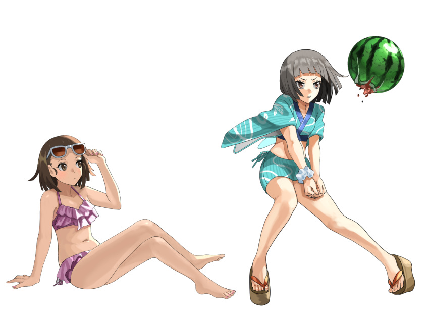 barefoot bikini black_hair blunt_bangs breasts brown_eyes brown_hair damaged eyewear_on_head food fruit highres monogatari_(series) multiple_girls nari_(nari149528) navel sandals sengoku_nadeko short_hair simple_background small_breasts swimsuit watermelon