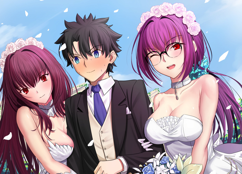 1boy 2girls absurdres bare_shoulders black_hair black_suit bouquet breasts bride choker cleavage detached_collar dress fate/grand_order fate_(series) fujimaru_ritsuka_(male) glasses hair_between_eyes highres large_breasts long_hair longdq3008 looking_at_viewer multiple_girls necktie one_eye_closed ponytail purple_hair red_eyes scathach_(fate) scathach_skadi_(fate) short_hair smile suit white_dress