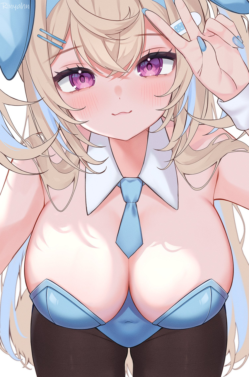 :3 animal_ears armpit_crease ass_visible_through_thighs bandaid bandaid_hair_ornament bandaid_on_head blonde_hair blue_hair blue_leotard blue_nails blue_necktie blush breasts breasts_day covered_navel detached_collar fake_animal_ears female fuwawa_abyssgard good_breasts_day groin hair_ornament hairpin hanging_breasts highres hololive hololive_english large_breasts leotard long_hair multicolored_hair necktie pantyhose pink_eyes rabbit_ears ri_nyahn simple_background solo strapless strapless_leotard streaked_hair thighhighs v very_long_hair white_background