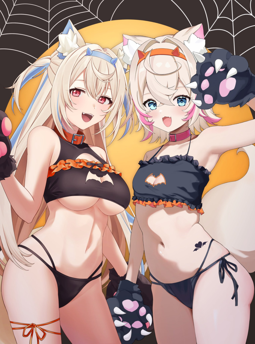 2girls animal_collar animal_ear_fluff animal_ears animal_hands bikini black_bikini blonde_hair blue_eyes blue_hair blue_hairband breasts cleavage clothing_cutout collar crossed_bangs dog_ears fuwawa_abyssgard hairband heart heart_tattoo highres hololive hololive_english large_breasts long_hair mococo_abyssgard multicolored_hair multiple_girls navel oerba_yun_fang open_mouth orange_collar orange_hairband pink_collar pink_hair red_eyes sano_(sanonomo) short_hair side-tie_bikini_bottom silk skin_fang small_breasts spider_web streaked_hair swimsuit tattoo teeth two_side_up underboob upper_teeth_only virtual_youtuber yuni_animal_(remyi_3)