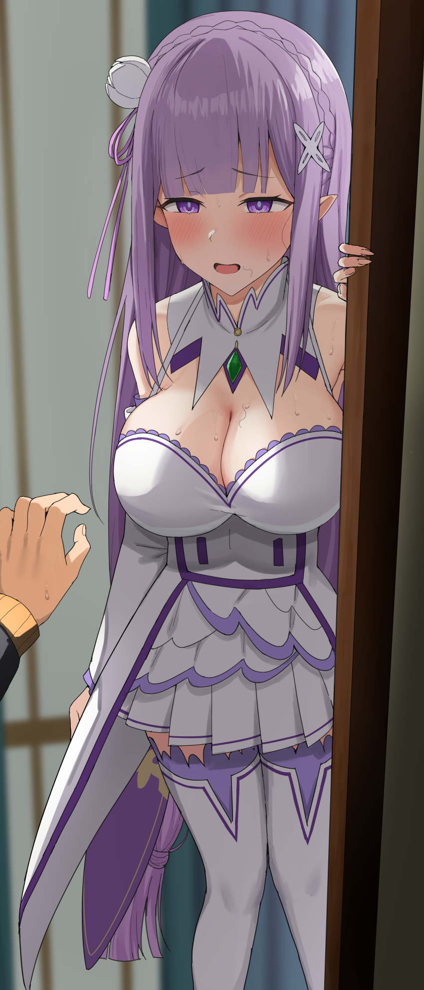 absurdres although_she_hurriedly_put_on_clothes_(meme) ariatorai bare_shoulders blush braid breasts cleavage crown_braid dress elf emilia_(re:zero) female flower gem green_gemstone hair_flower hair_ornament hair_ribbon highres implied_after_sex large_breasts long_hair looking_at_viewer meme netorare open_mouth pointy_ears purple_eyes purple_ribbon re:zero_kara_hajimeru_isekai_seikatsu ribbon rose solo_focus stray_pubic_hair sweat thighhighs white_flower white_rose x_hair_ornament