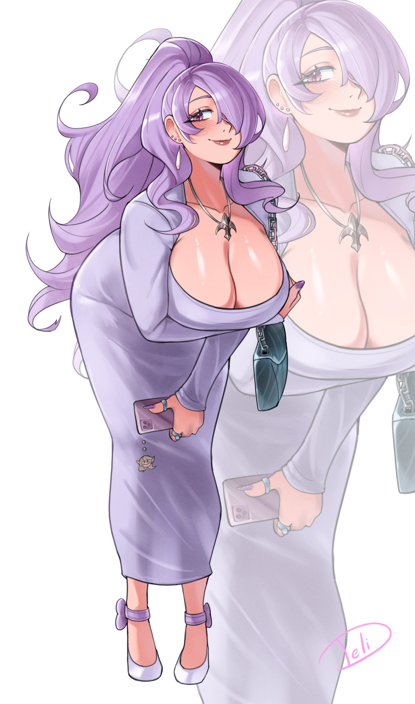 absurdres alternate_costume alternate_hairstyle arm_under_breasts artist_name breasts camilla_(fire_emblem) cellphone cleavage deliciousbrain dongtan_dress dress female fire_emblem fire_emblem_fates hair_over_one_eye highres huge_breasts jewelry lips long_hair looking_at_viewer meme_attire nail_polish necklace phone ponytail purple_dress purple_eyes purple_hair purple_nails smartphone smile solo very_long_hair