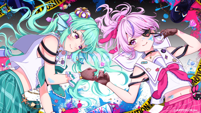 2girls aqua_hair blush candy caution_tape cellphone copyright_notice finana_ryugu fins fishnet_gloves fishnets food gloves head_fins highres lollipop long_hair looking_at_another lying maria_marionette midriff mugimugigo multicolored_hair multiple_girls navel nijisanji nijisanji_en official_art on_back on_side phone pill pink_eyes pink_hair pinky_swear plaid_clothes plaid_skirt pleated_skirt ponytail purple_eyes ryuguard_(finana_ryugu) sample_watermark school_uniform serafuku skirt smartphone smile streaked_hair twintails unworn_shoe very_long_hair virtual_youtuber watermark