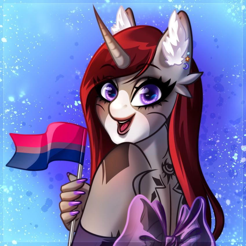 1:1 absurd_res anthro bisexual clothing dress ear_piercing equid equine female hasbro hi_res horn inner_ear_fluff lgbt_pride lgbt_pride_month looking_back male mammal markings minamikoboyasy my_little_pony mythological_creature mythological_equine mythology piercing selune_darkeye smile smiling_at_viewer snip_(marking) solo tuft unicorn unicorn_horn