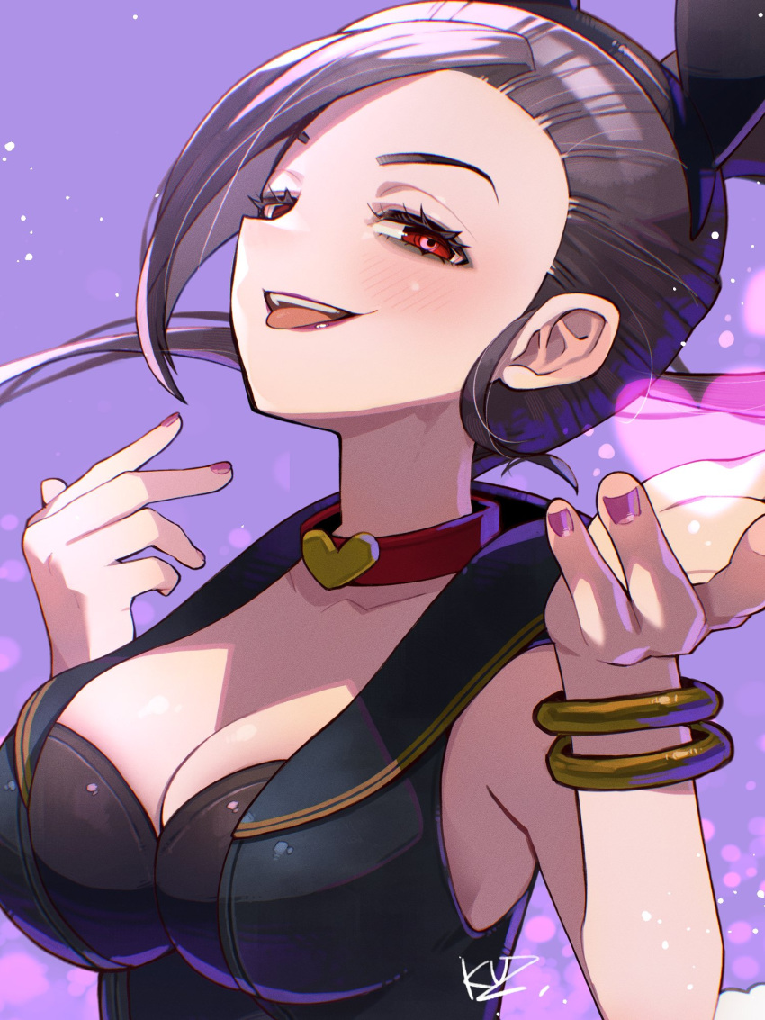 animal_ear_hairband animal_ears black_hairband bracelet breasts choker cleavage commentary_request dark_persona dragon_quest dragon_quest_xi eyelashes fake_animal_ears female hairband heart heart_choker highres jewelry kuzuno_ha large_breasts looking_at_viewer martina_(dq11) multiple_bracelets pink_nails purple_background purple_hair rabbit_ear_hairband rabbit_ears red_choker red_eyes smile solo tongue tongue_out upper_body