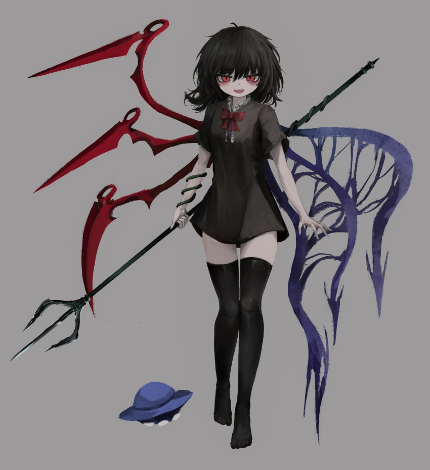 asymmetrical_wings bad_id bad_twitter_id black_dress black_hair black_thighhighs blue_wings bow bowtie center_frills dress female frills full_body grey_background highres houjuu_nue looking_at_viewer medium_hair mismatched_wings no_shoes open_mouth polearm red_bow red_bowtie red_eyes red_wings reverinth short_dress short_sleeves simple_background smile snake solo standing thighhighs touhou trident ufo weapon wings zettai_ryouiki