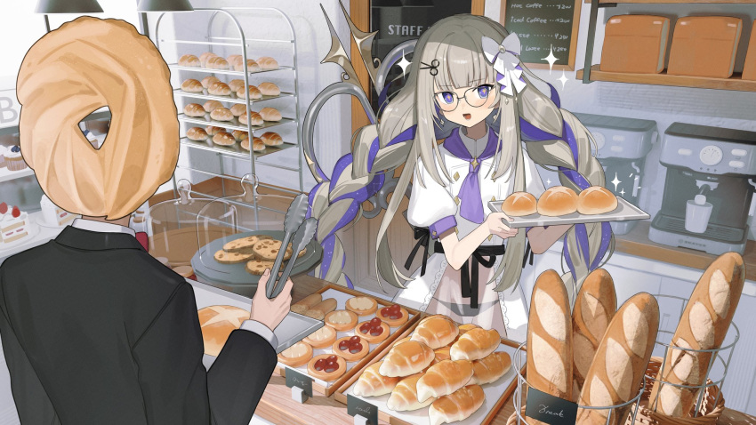 amanogawa_shiina baguette bakery black_panties black_ribbon bow braid bread buttons cake commission cookie cupcake double-breasted espresso_machine female food glasses grey_hair hair_ornament hairbow highres holding holding_tongs holding_tray jacket loaf_of_bread long_hair menu neckerchief negoto_o open_mouth panties phase_connect purple_eyes purple_hair purple_neckerchief ribbon scissors_hair_ornament second-party_source see-through_clothes shop skeb_commission sparkling_eyes suit tongs tray twin_braids underwear virtual_youtuber white_bow white_jacket