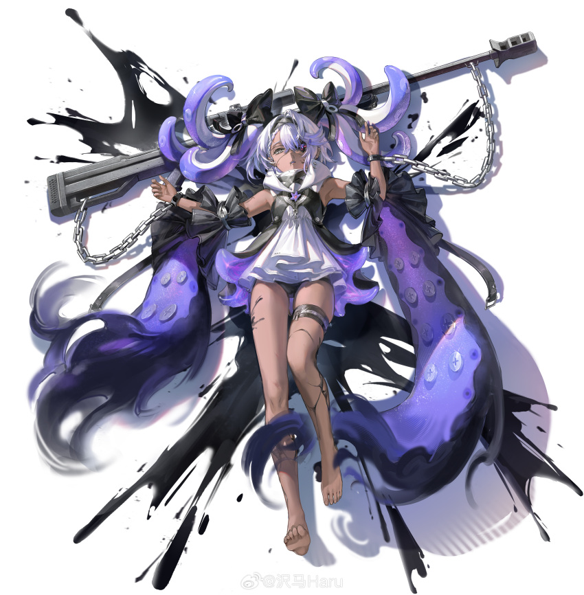 absurdres anti-materiel_rifle bare_shoulders barefoot black_bow black_dress black_liquid black_panties black_sleeves bolt_action bow chains colored_inner_hair cowboy_shot dark-skinned_female dark_skin detached_sleeves dirty dirty_face dress female flower_eyepatch girls'_frontline gradient_hair grey_eyes gun hairbow hands_up highres hs.50_(girls'_frontline) long_hair lying multicolored_hair official_alternate_costume official_art on_back panties pantyshot parted_lips purple_hair rifle sawamaharu shadow short_dress sniper_rifle solo steyr_hs_.50 tachi-e tentacle tentacle_hair thigh_strap two-tone_dress underwear weapon weibo_logo weibo_watermark white_background white_dress white_hair