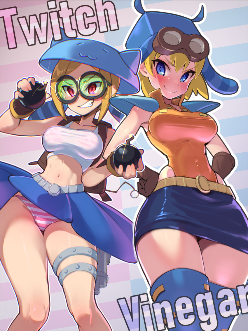 2girls animal_hat backpack bag blonde_hair blue_eyes bomb boots breasts character_name covered_navel crop_top english_commentary explosive fingerless_gloves glasses gloves goggles goggles_on_head hands_on_own_hips hat highres holding holding_bomb leotard lit_fuse looking_at_viewer midriff momochi_momotan multiple_girls navel panties red_eyes round_eyewear shantae_(series) short_hair skirt smile striped_background striped_clothes striped_panties teeth thigh_boots thigh_strap twintails twitch_(shantae) underwear vinegar_(shantae)