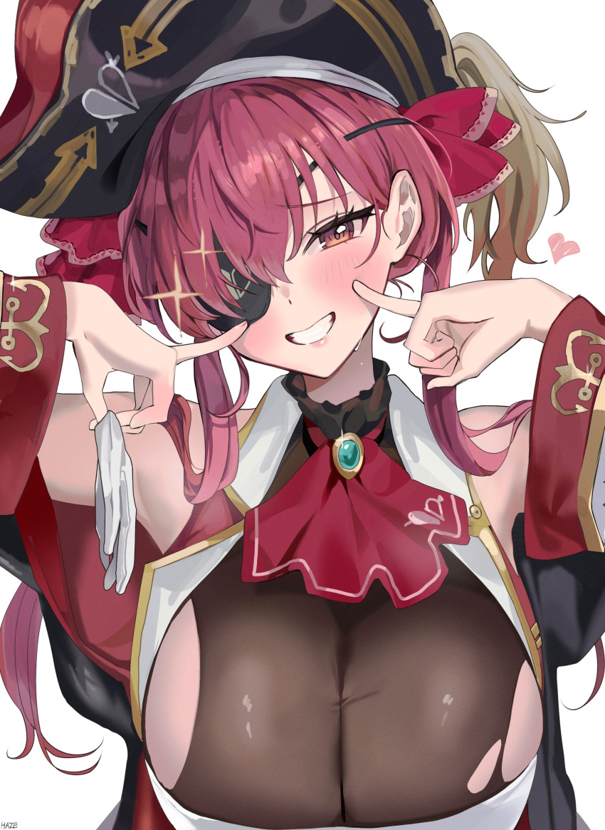 absurdres bare_shoulders bicorne black_hat black_leotard blush breasts cleavage eyepatch female finger_to_cheek hat haze_(ohw8g) heart highres hololive houshou_marine houshou_marine_(1st_costume) large_breasts leotard looking_at_viewer pirate_hat red_eyes red_hair see-through_cleavage see-through_clothes simple_background smile solo sparkle torn_clothes torn_leotard twintails upper_body virtual_youtuber white_background