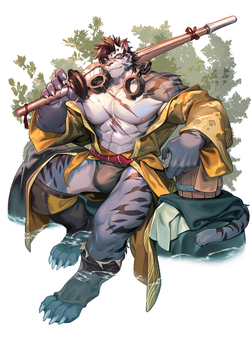 1boy abs animal_ears bara barefoot black_fundoshi bucket bulge claws commentary_request cuffs folded_clothes fundoshi furry furry_male highres holding holding_weapon japanese_clothes kimono korean_commentary looking_at_viewer male_focus multiple_scars muscular muscular_male neilos nipples pectorals scar scar_across_eye scar_on_chest scar_on_face scar_on_nose scar_on_stomach sdorica shackles sitting tail tiger_boy tiger_ears tiger_stripes tiger_tail weapon white_background wooden_bucket yao_(sdorica) yellow_eyes