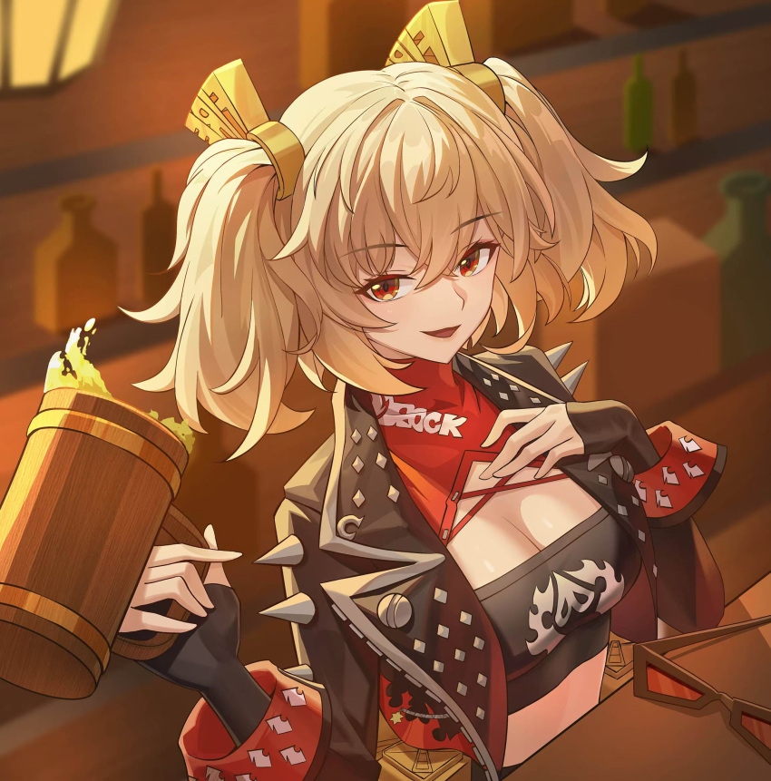 black_jacket black_tube_top blonde_hair breasts burnice_white cleavage crop_top cup female highres holding holding_cup indoors jacket large_breasts open_mouth red-tinted_eyewear red_eyes solo spiked_jacket strapless tankard tinted_eyewear tube_top tutuxia two_side_up unworn_eyewear upper_body wooden_cup zenless_zone_zero